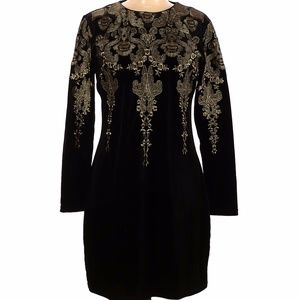 Press Dress Black Velvet Silver Embroidered Dress Long Sleeve Back Zipper